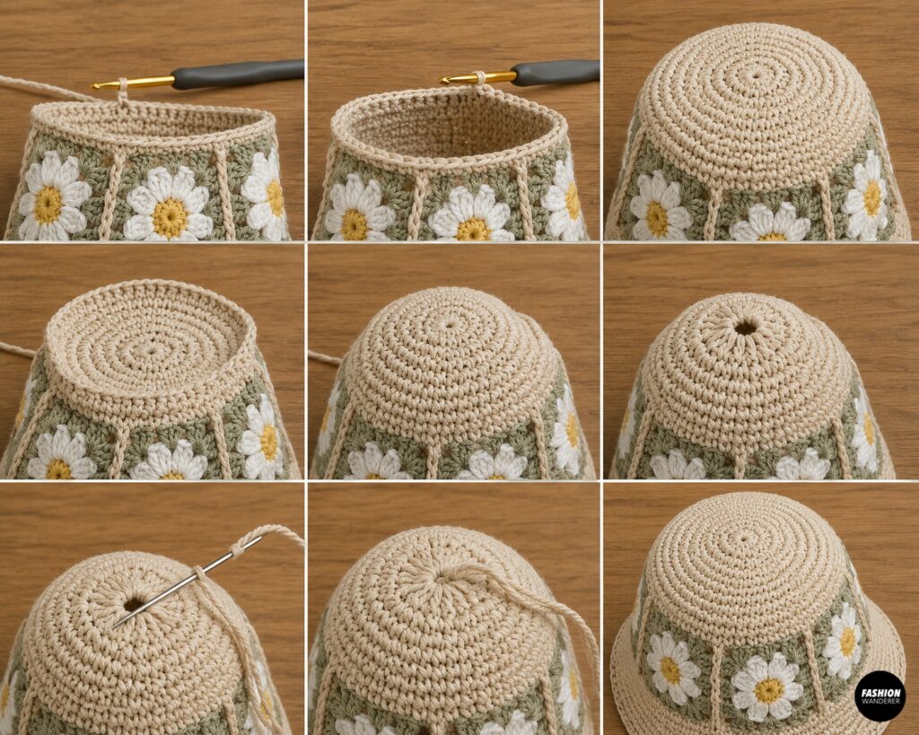 Complete the crochet hat crown on top of the connected daisy granny squares.