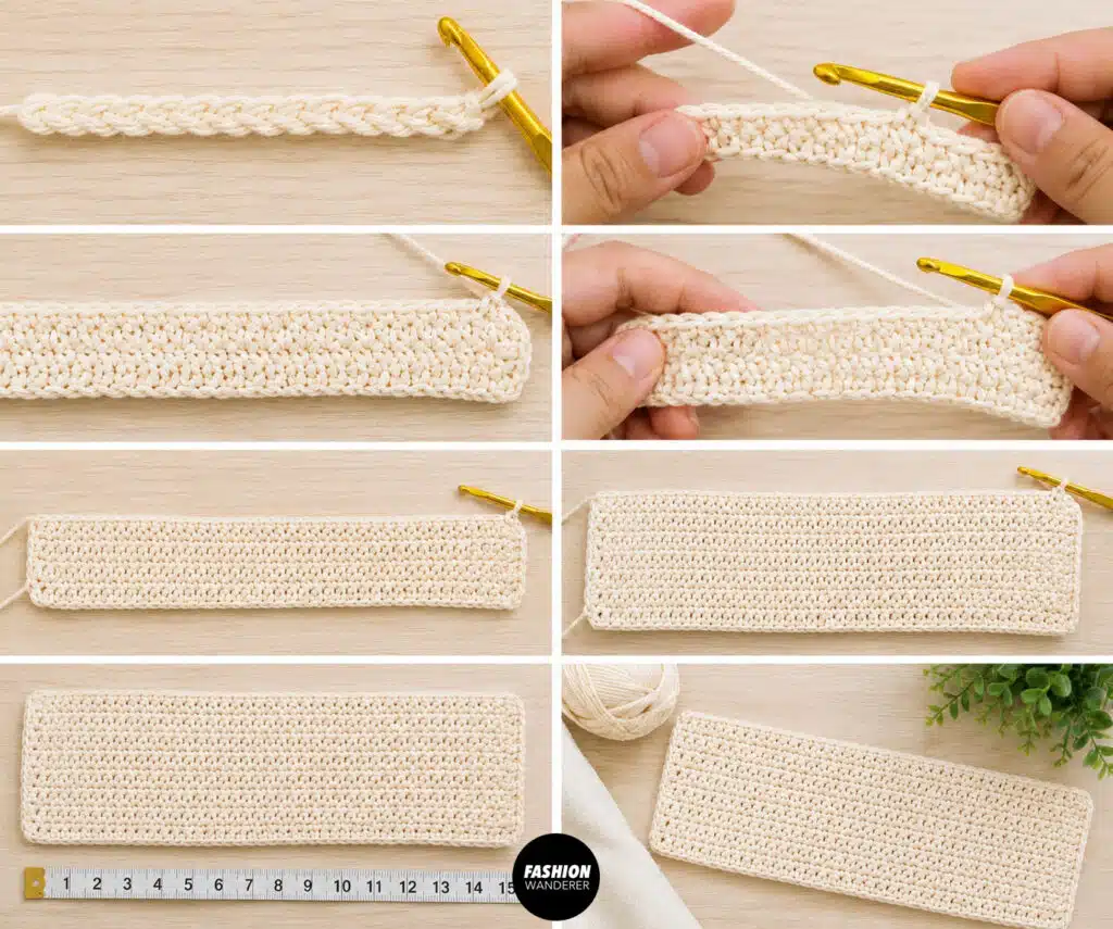 Steps to make the base for the crochet market bag including stitch type, stitch count and measurements.