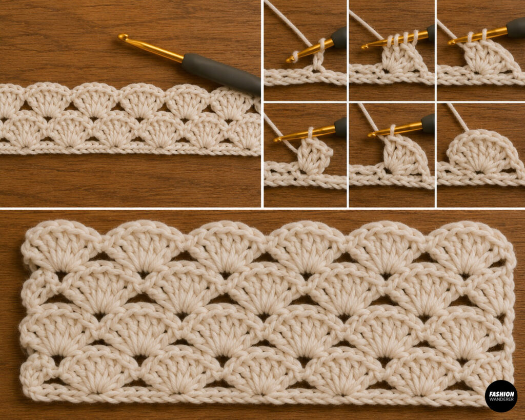Steps to make crochet shell stitch