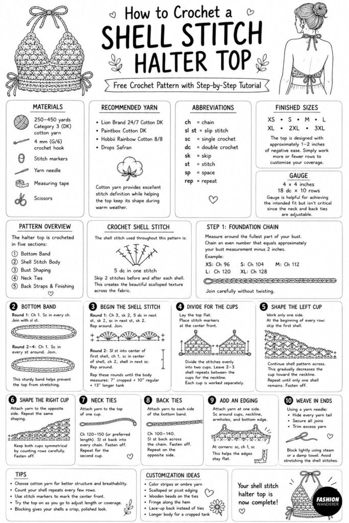 Infographic showing step by step instructions to make a crochet shell stitch halter top. This DIY crochet halter top tutorial includes materials, step by step photos and detailed instructions to complete the crochet pattern.