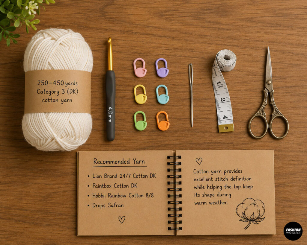 Materials needed to make a crochet shell stitch halter top from scratch.