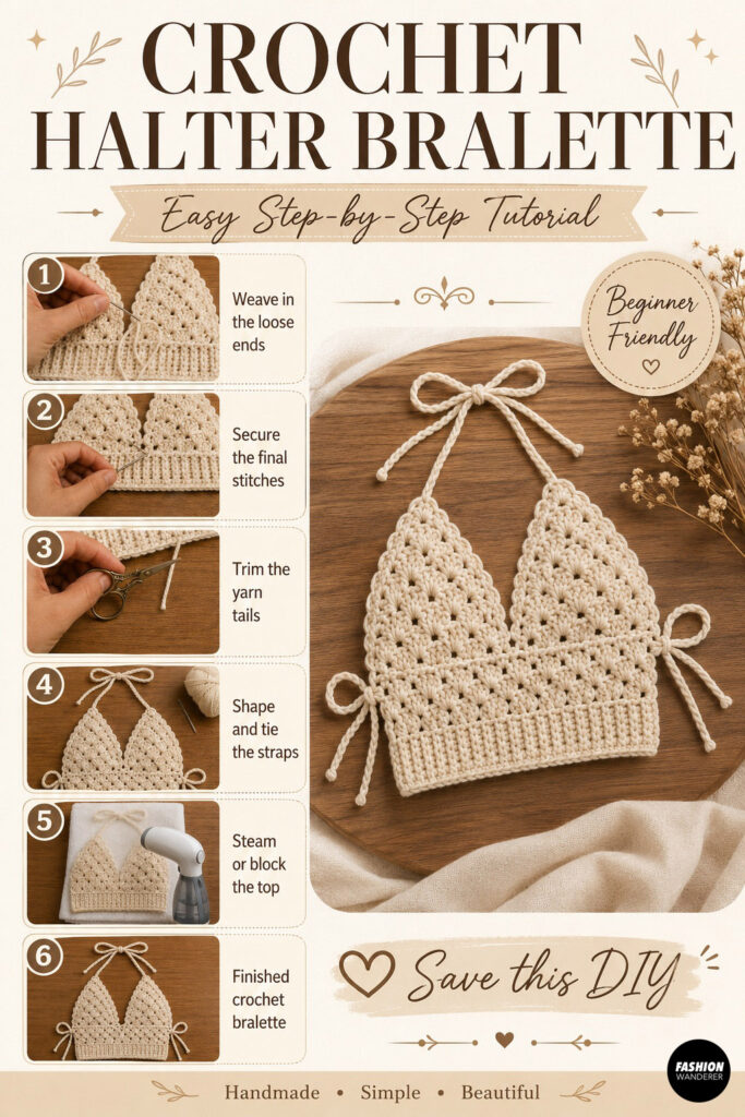 Collage showing step by step instructions to make a crochet shell stitch halter top. The infographic shows each step and how the finished crochet hat looks.