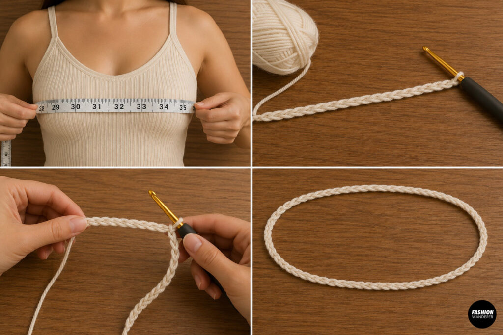 Steps to crochet the foundation chain for the bust measurement of the halter top.