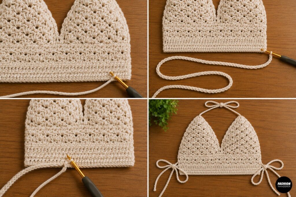 Crochet the halter top back ties on both sides of the strap.