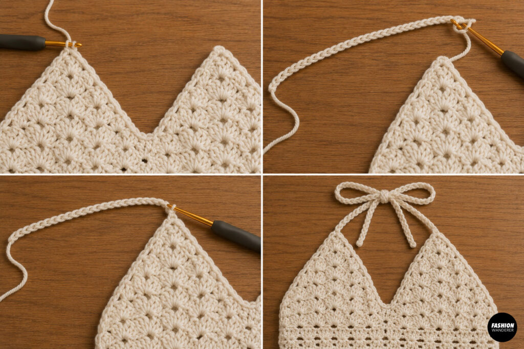 Crochet the halter top neck ties on both sides of the strap.