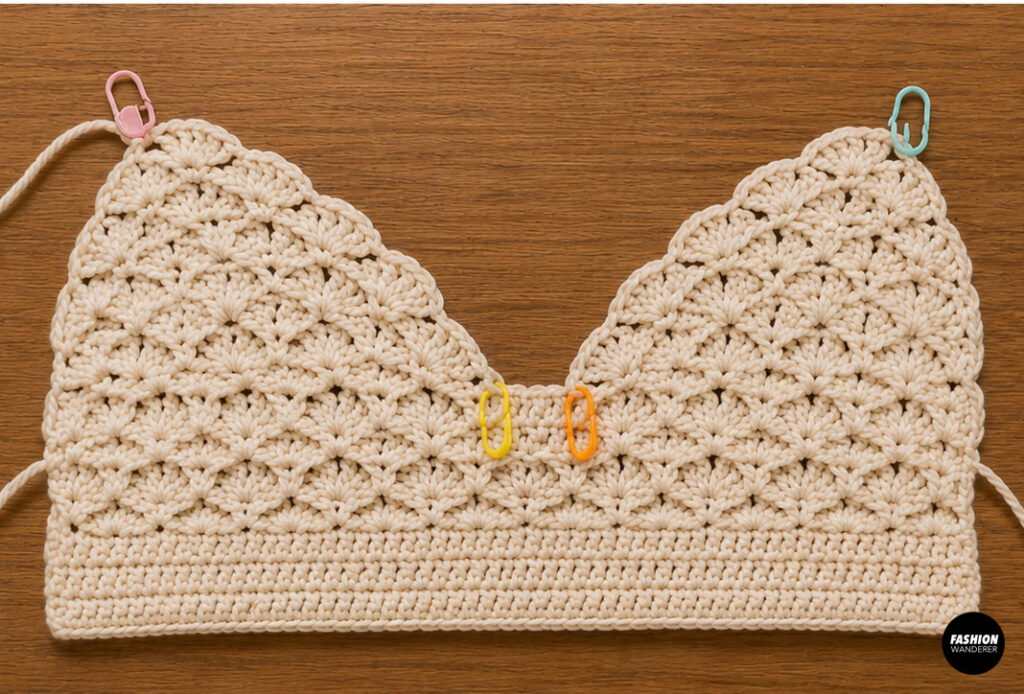 Decide the placement of the divide for the crochet halter top cups.