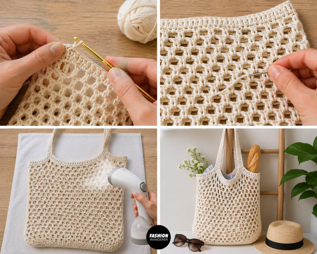 Collage of steps to finish the crochet market tote bag including a photo of the finished crochet tote bag.