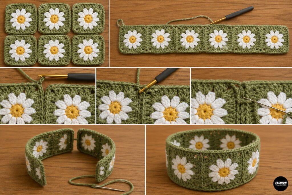 Join the crochet daisy granny squares together.