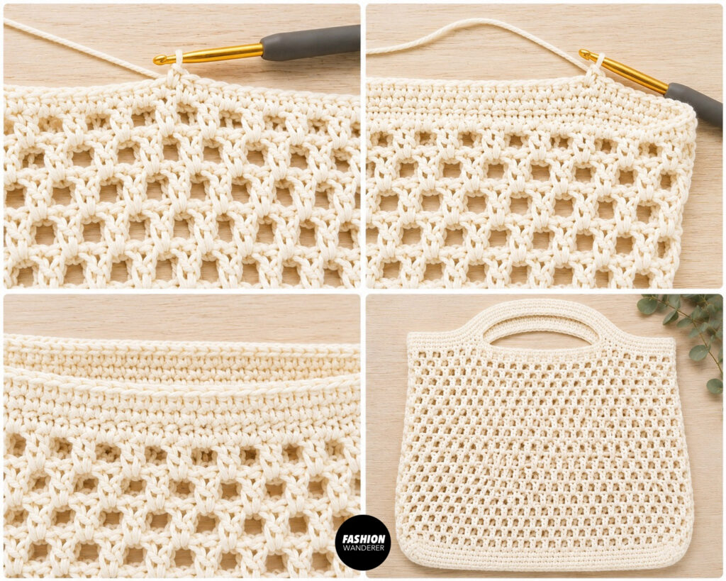 Reinforce the top of the crochet bag to strengthen the bag opening and add structure for the bag handles