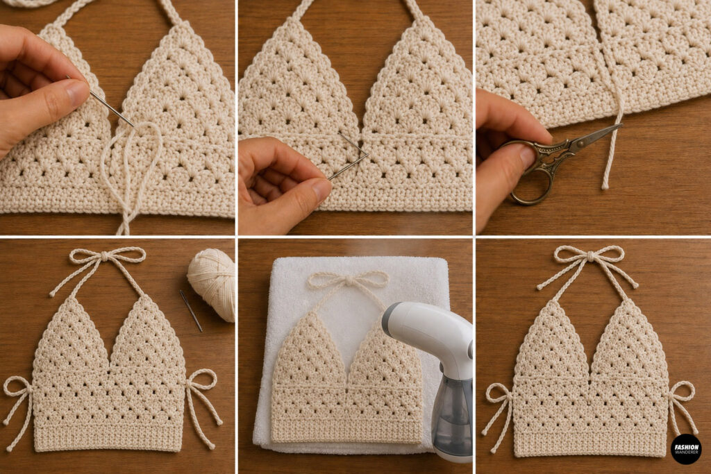 Finish the crochet by weaving the yarn ends into the completed halter top.