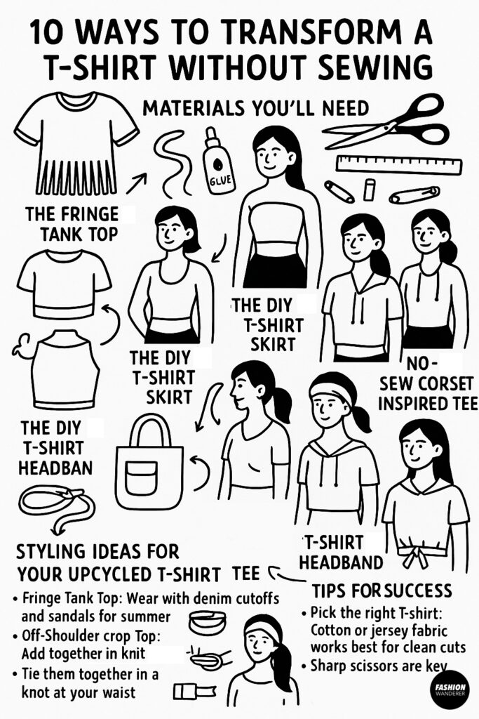 Black and white hand-drawn Pinterest infographic showing 10 no-sew ways to transform a T-shirt, including fringe tank top, crop top, tote bag, skirt, braided back tee, and styling tips.