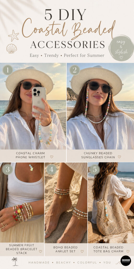 Pinterest style collage with 5 diy beaded summer accessories. Each project features step by step detailed instructions with pictures showing how to make the coastal inspired bead projects