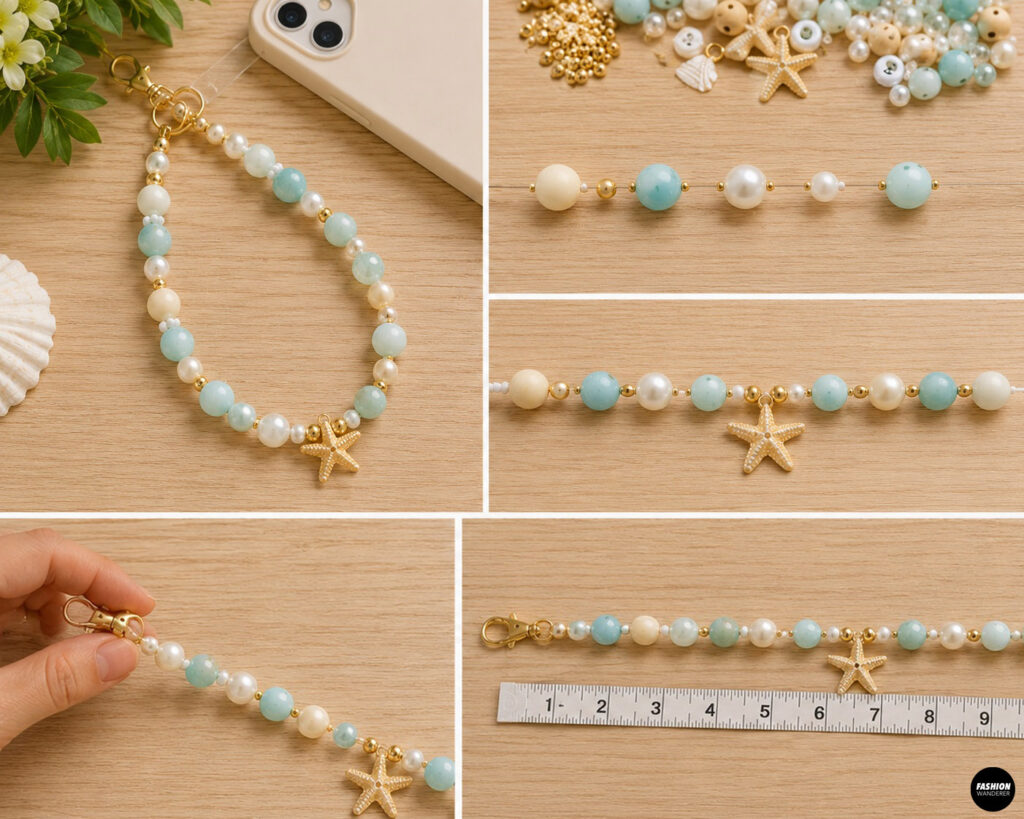Written pattern to make a diy coastal charm inspired beaded phone wristlet.