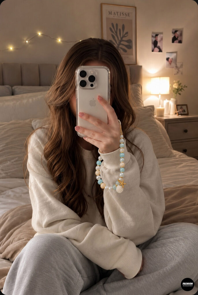 Woman wearing a sweatshirt and sweatpants taking a selfie in a bedroom with a coastal charm beaded wristlet attached to the smartphone.