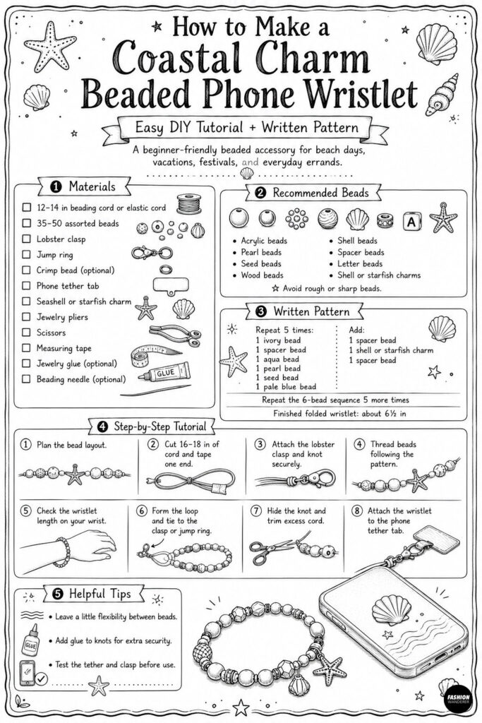 Infographic with step by step instructions to make a coast charm beaded phone wristlet. This easy diy tutorial includes materials, recommended beads, and written bead pattern.