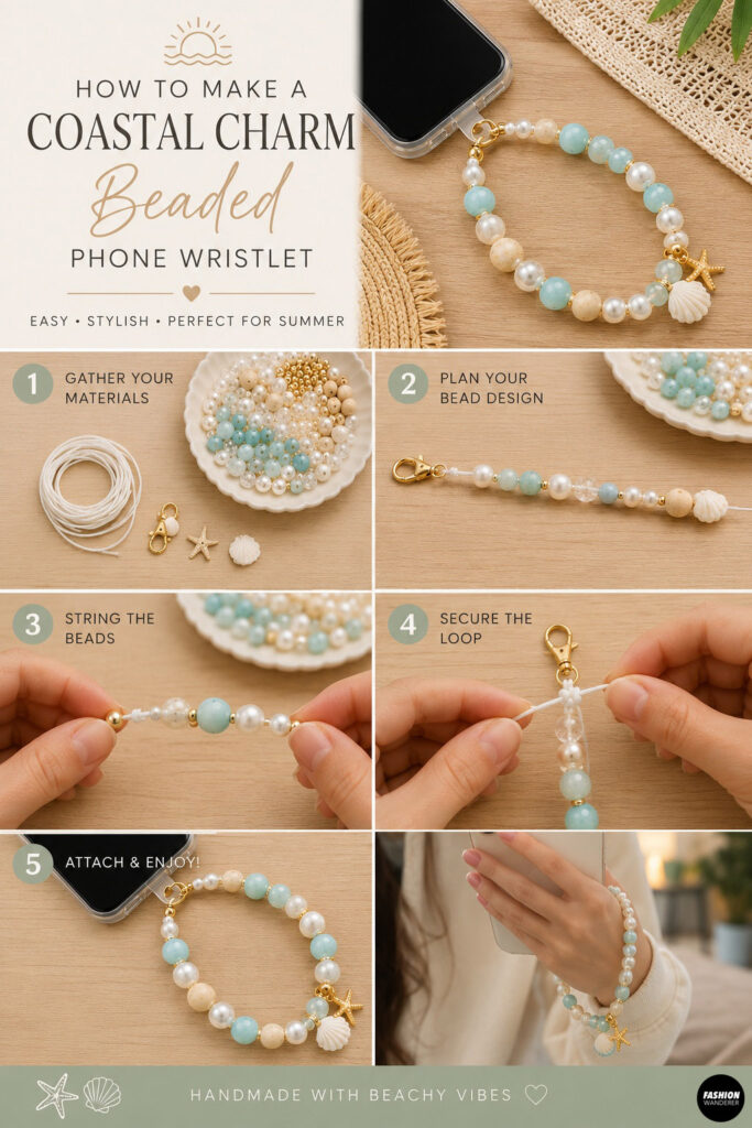 Pinterest style graphic with step by step instructions to make a coast charm beaded phone wristlet. This easy diy tutorial includes materials, recommended beads, and written bead pattern.
