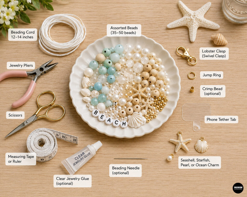 Materials to make a coastal charm beaded phone wristlet including assorted colorful beads, coastal themed charms and hand tools for beading.