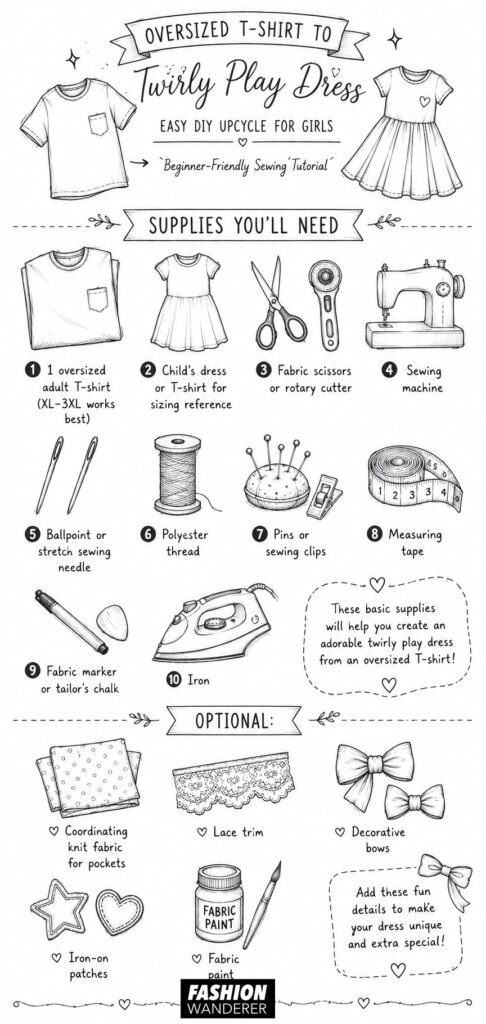 Black and white hand-drawn infographic showing how to turn an oversized T-shirt into a twirly play dress for girls, including a beginner sewing supply list and optional embellishments.