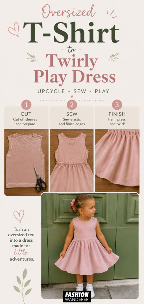 Vertical Pinterest pin featuring an oversized T-shirt transformed into a girls twirly play dress with three simple DIY sewing steps and a finished dress worn by a young girl.