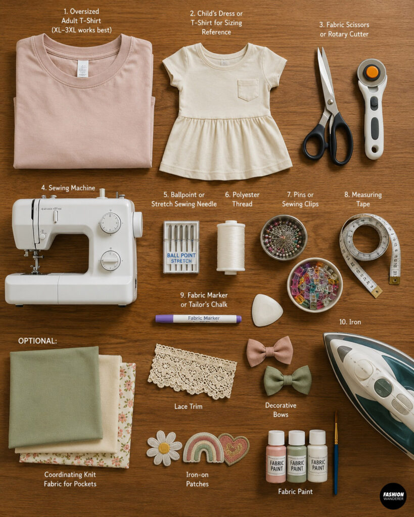 Top-down flat lay of supplies for making an oversized T-shirt into a girls twirly play dress, including T-shirt, child&rsquo;s dress, sewing machine, scissors, thread, measuring tape, pins, iron, lace trim, bows, fabric paint, and appliqu&eacute;s.