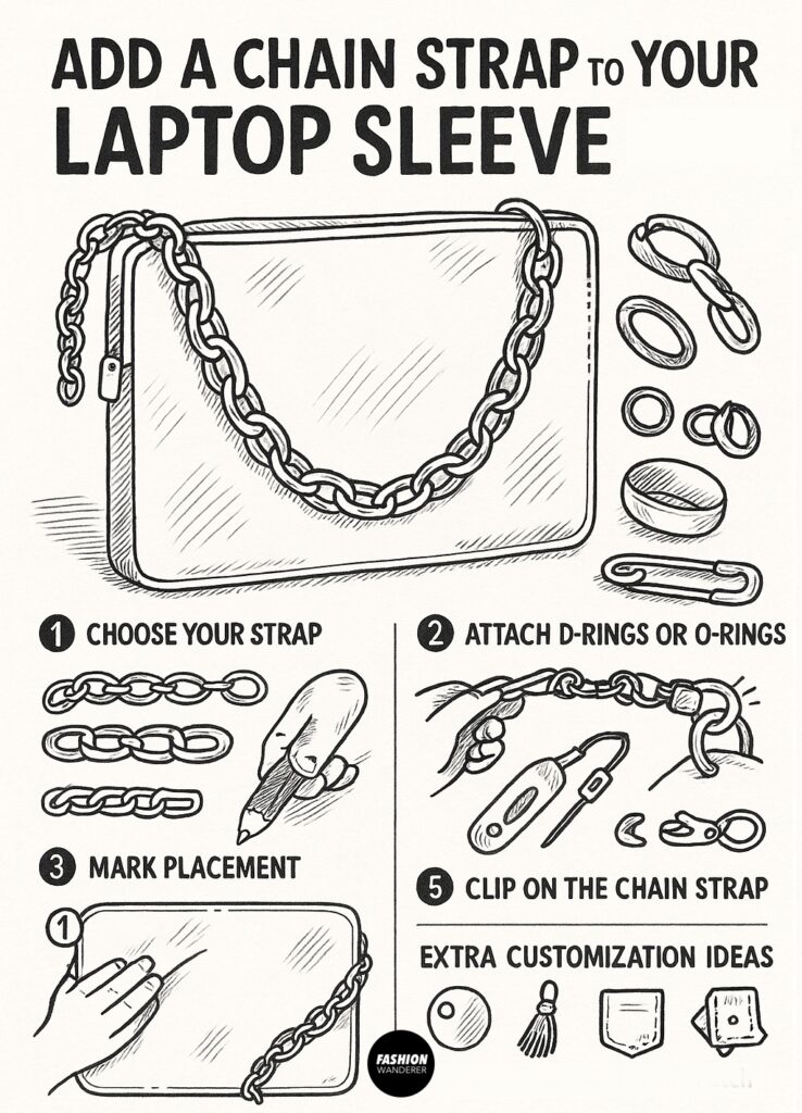 Black and white hand-drawn infographic showing step-by-step DIY tutorial on how to add a chain strap to a laptop sleeve. Includes illustrations for choosing chain straps, attaching D-rings or O-rings, marking placement, clipping on the chain strap, and extra customization ideas with pins, tassels, and patches.