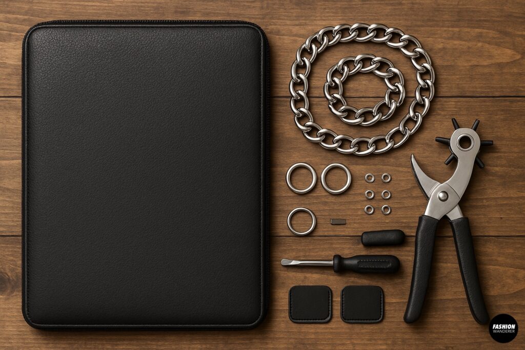 Flatlay of laptop sleeve, silver chain, hole punch, screwdrivers, rings, rivets, and leather patches on wood table&mdash;materials for DIY chain strap laptop bag.