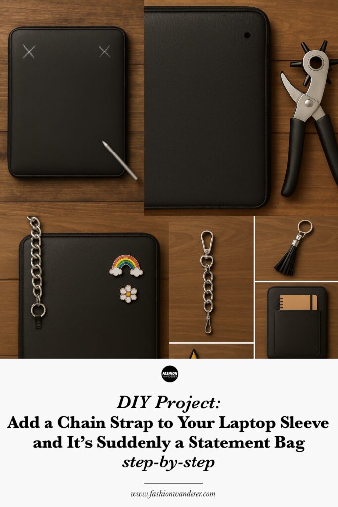 Pinterest style graphic showing step-by-step DIY tutorial on how to add a chain strap to a laptop sleeve. Includes illustrations for choosing chain straps, attaching D-rings or O-rings, marking placement, clipping on the chain strap, and extra customization ideas with pins, tassels, and patches.