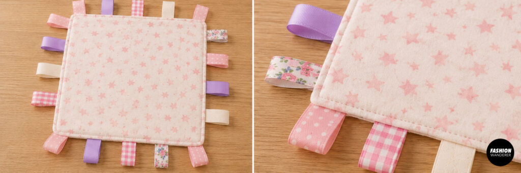 Collage of personalized baby taggie security blankets featuring embroidered names, a monogram, elephant and bunny appliqu&eacute;s, hearts, floral fabric, a decorative label, and a &ldquo;You are so loved&rdquo; design.