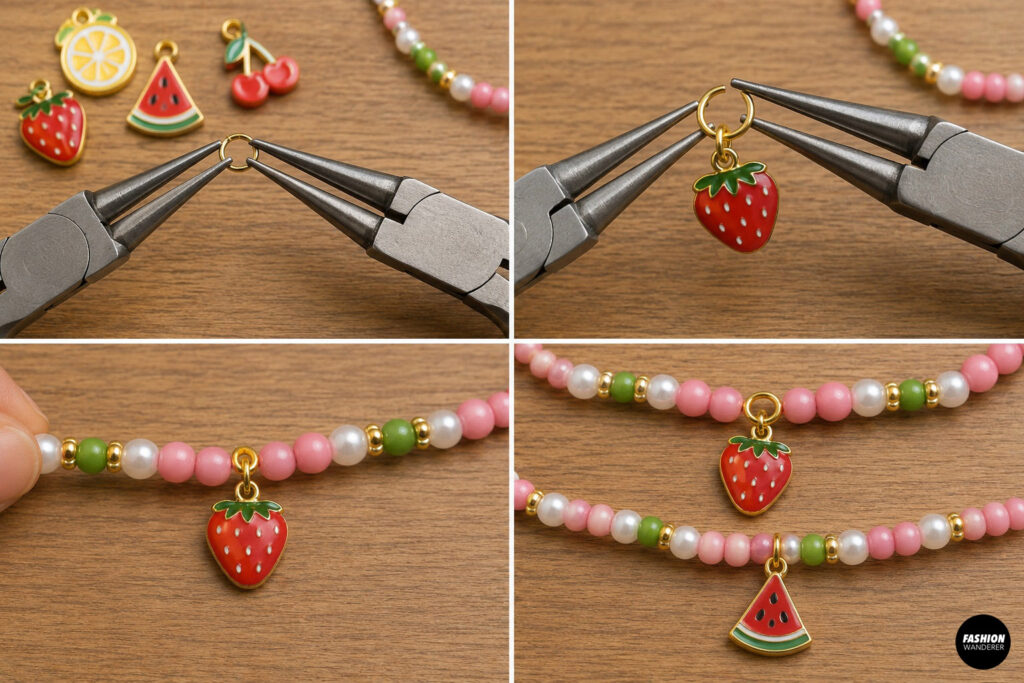 Step 6 is to add fruit charm to the summer style beaded bracelet