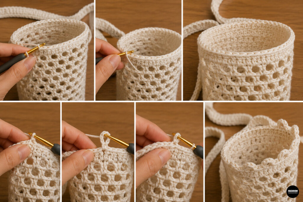 Step 7 is to add decorative edging for the crochet water bottle crossbody bag