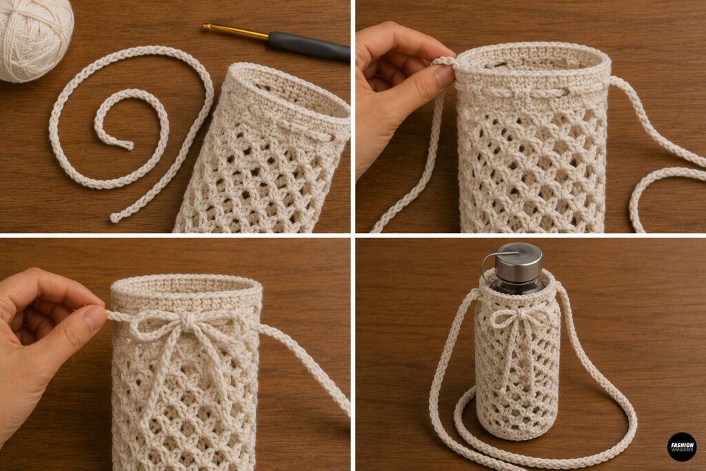 Step 6 is to add the drawstring for the crochet water bottle crossbody bag