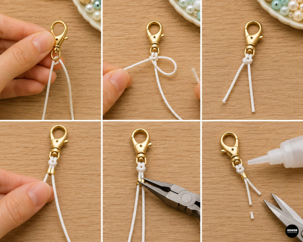 Step 3 is to add a clasp to the first end of the wristlet.