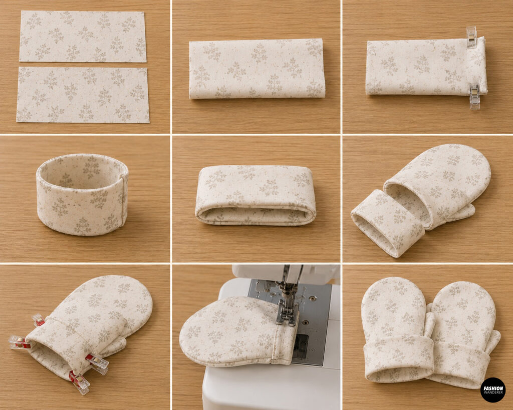 Step-by-step baby mitten tutorial showing knit cuff pieces sewn into bands, attached to floral mittens, and topstitched for a soft finished edge.
