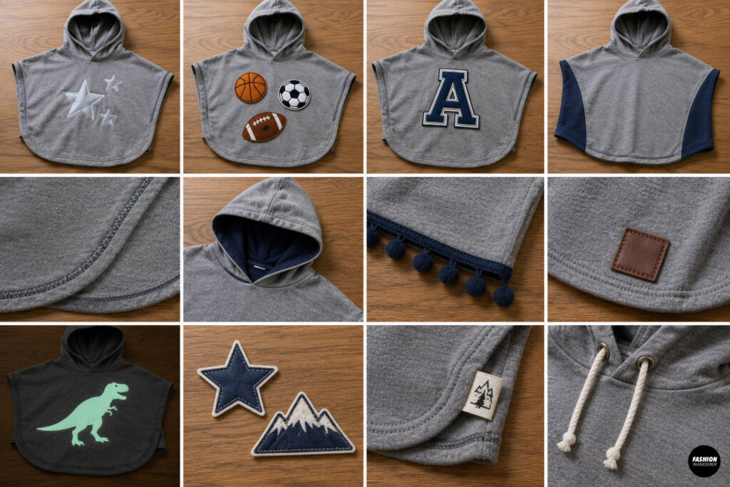 Ten-photo collage showcasing creative ways to personalize a DIY kids' hooded poncho. Ideas include reflective star heat-transfer vinyl, sports-themed patches, varsity letter appliqu&eacute;, color-block side panels, decorative topstitching, contrasting hood lining, pom-pom trim, faux leather labels, glow-in-the-dark dinosaur vinyl, fabric appliqu&eacute;s, woven labels, and hood drawstrings.