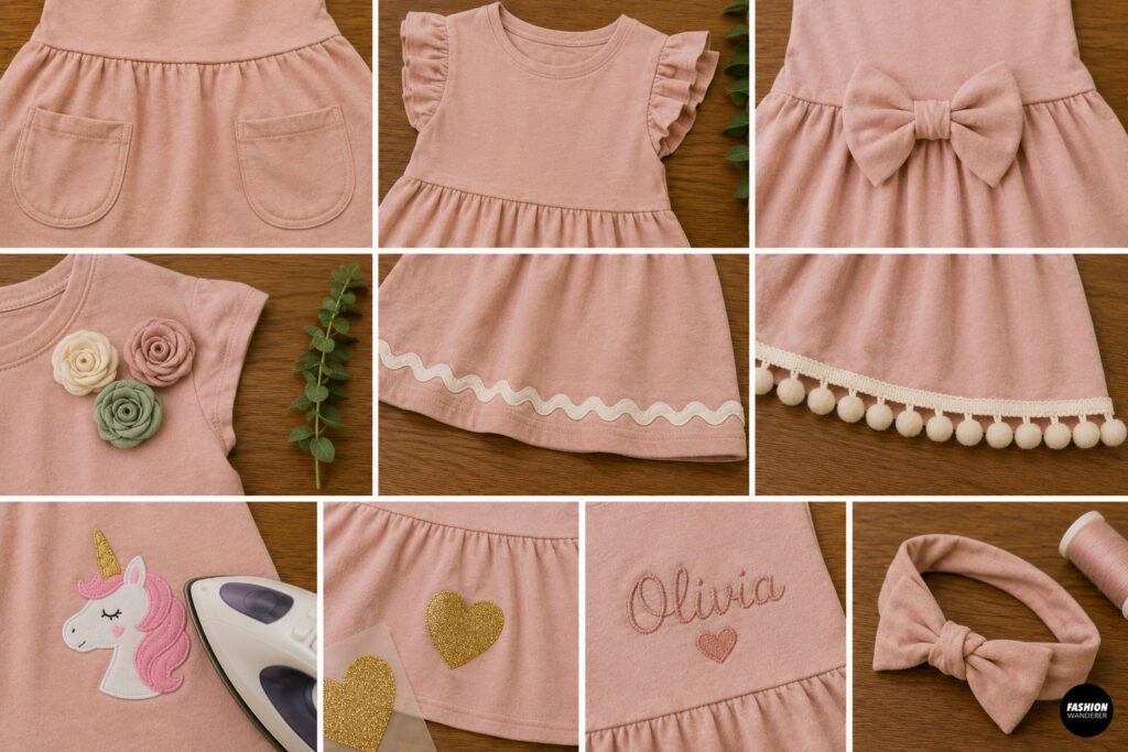 Finished girls twirly play dress decorated with pockets, ruffle sleeves, bows, fabric flowers, trim, appliqu&eacute;s, embroidery, and a matching headband.