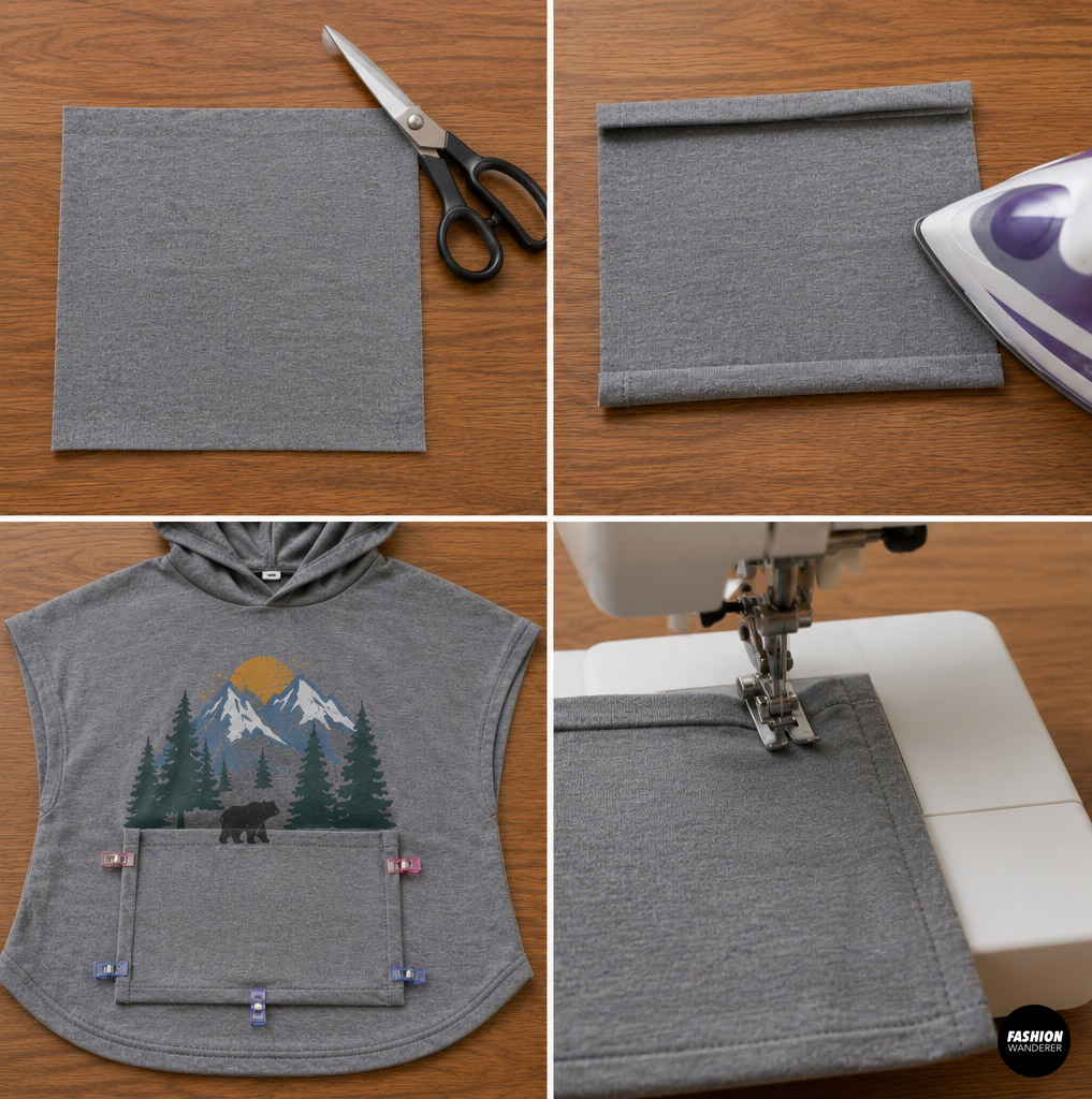 Four-photo sewing collage demonstrating how to make and attach a kangaroo pocket to the front of a kids' hooded poncho. The pocket is folded, pressed, topstitched, clipped in place, and sewn onto the finished garment.
