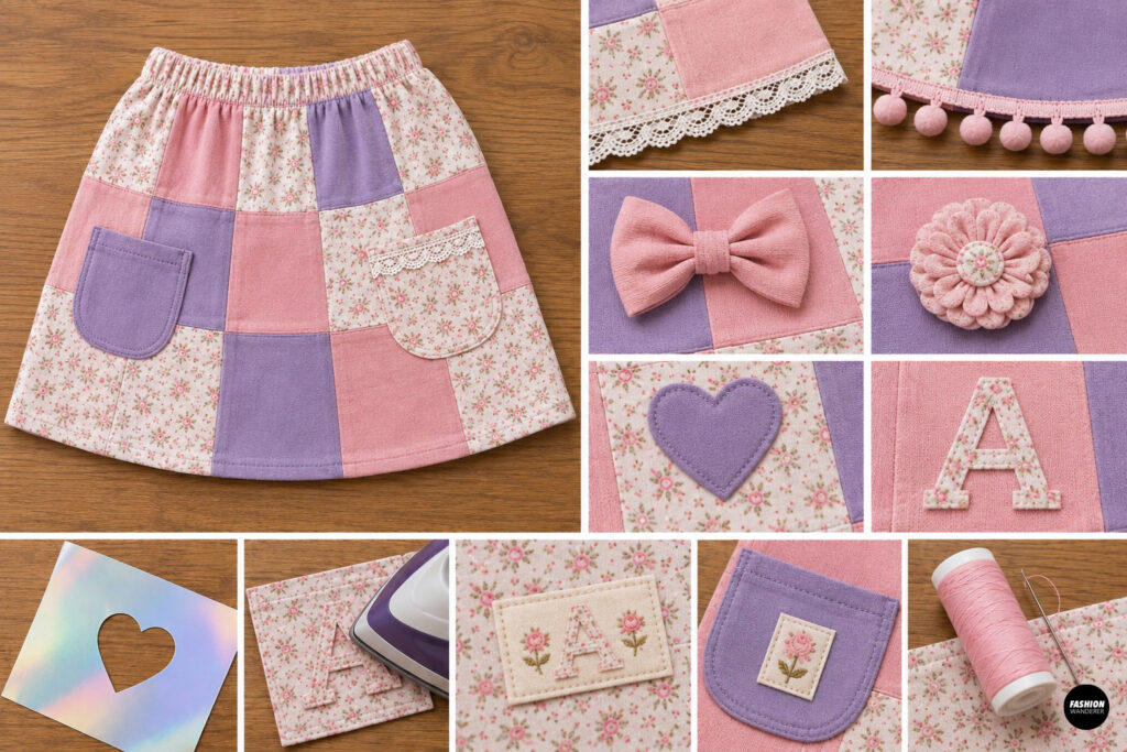 Collage showing decorative finishing ideas for a handmade patchwork skirt. Examples include lace trim, pom-pom trim, patch pockets, fabric bow, flower embellishment, heart appliqué, monogram letter, embroidered label, heat-transfer vinyl, and decorative stitching to personalize the finished skirt.