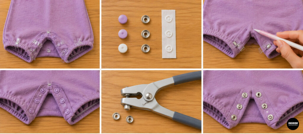 Step-by-step collage demonstrating how to add crotch closure buttons to the romper.