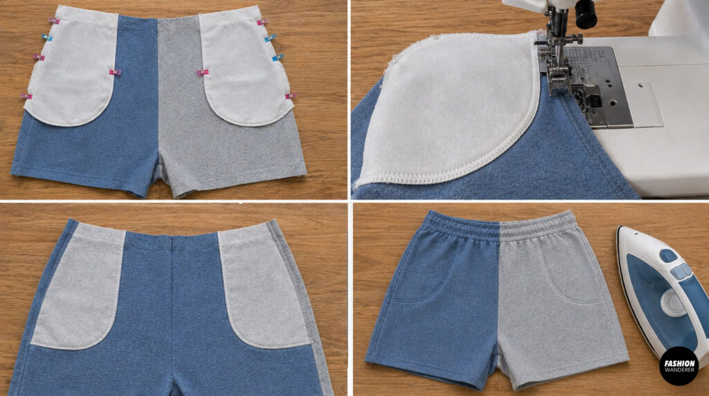 Sewing tutorial collage showing curved pocket pieces clipped to shorts, stitching pocket openings, sewing side seams, pressing seams flat, and completing functional front pockets on color-block shorts.