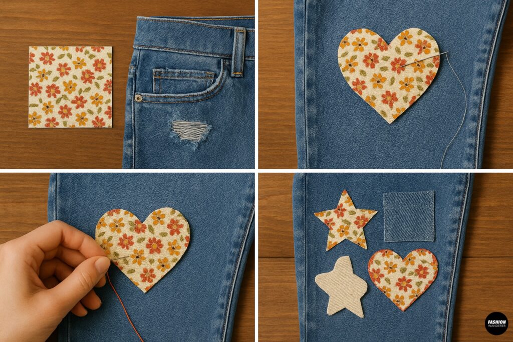 Step-by-step collage of appliqu&eacute; patch repair on jeans, featuring cutting a floral heart-shaped patch, stitching it over a rip, and showing creative star and square patch options.