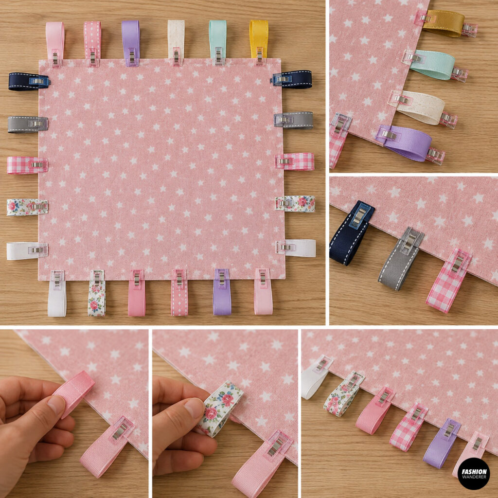 Collage showing colorful folded ribbon loops evenly positioned and clipped around all four edges of a pink star-print fabric square before sewing the baby taggie blanket.