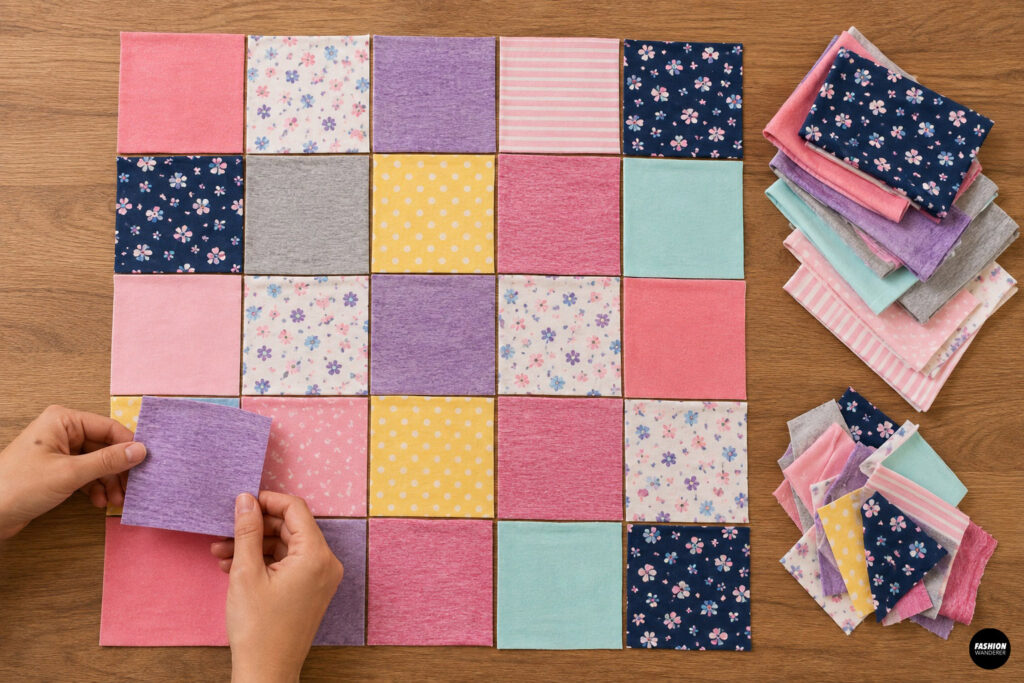 Collage displaying different patchwork quilt layouts created with pink, purple, floral, striped, and solid knit fabric squares. Designs include checkerboards, stripes, gradients, rainbow arrangements, triangle blocks, and a finished patchwork skirt for planning color placement.