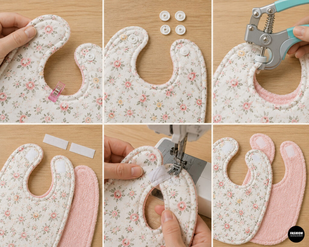 Step-by-step collage shows snap fasteners and hook-and-loop tape being attached to the neck tabs of a handmade floral baby bib for an adjustable, secure closure.