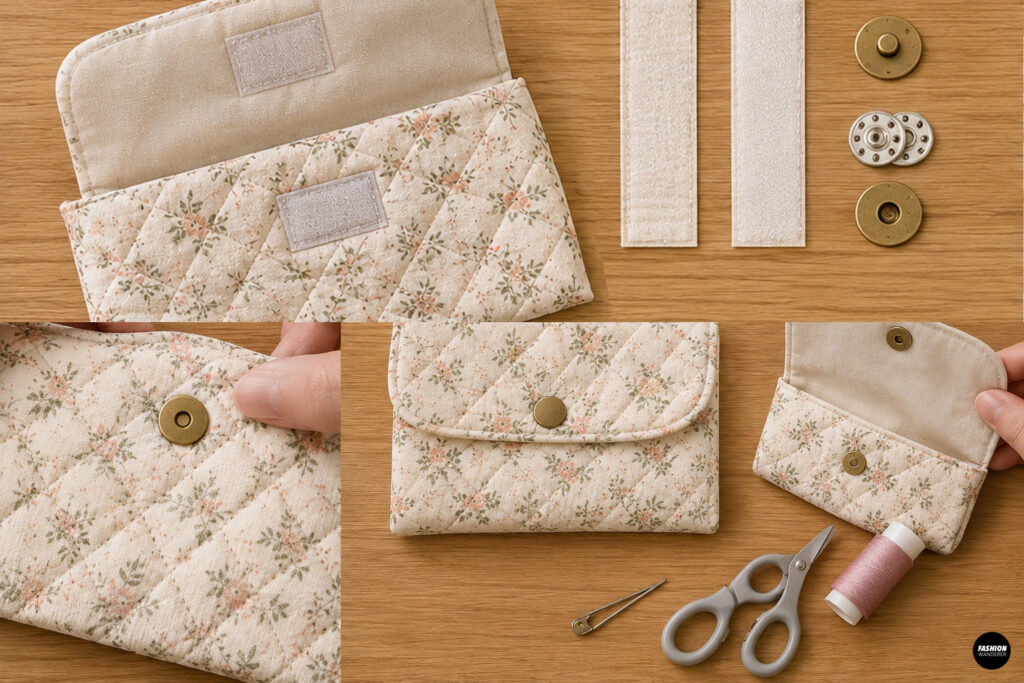DIY diaper clutch closure options showing hook-and-loop tape and metal magnetic snaps being attached to a quilted floral clutch.