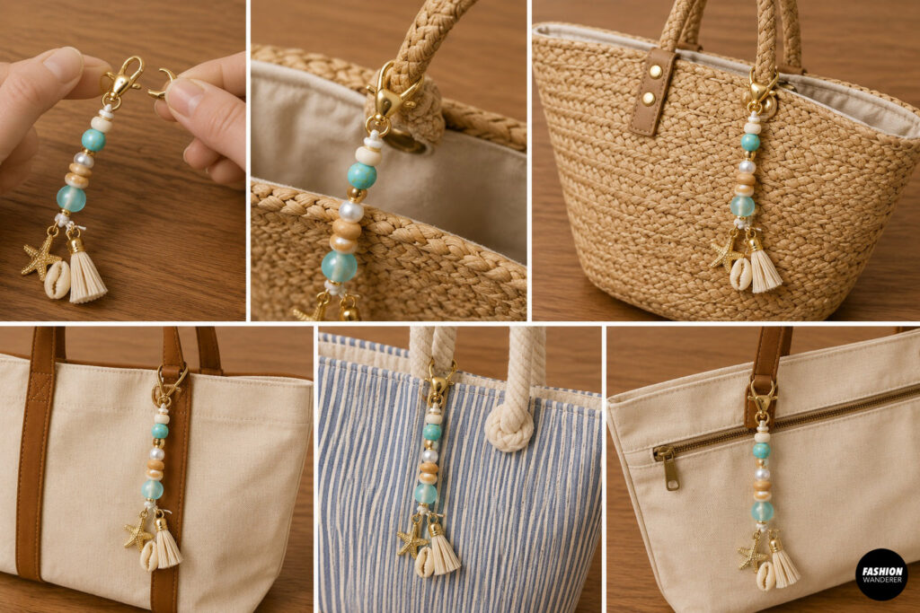Step 10 is to attach the beaded charm to a tote bag. The coastal bead charms in this collage are pictured on beachy tote bags.