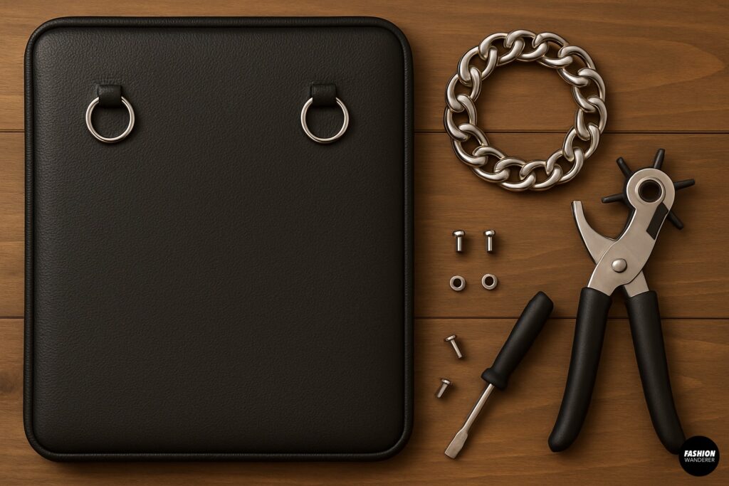 DIY laptop sleeve with two silver O-rings attached at the top corners, tools and chain strap placed nearby on wooden background.