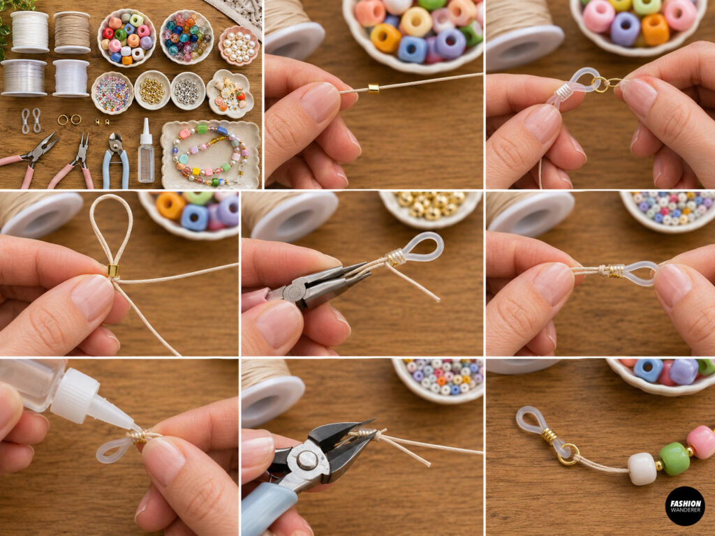 Collage showing steps to attach the first eyeglass loop