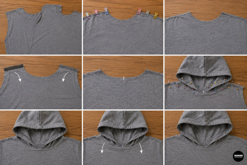 Nine-photo sewing tutorial showing the neckline prepared for a hood, clipping the hood evenly around the opening, sewing it in place, and smoothing the finished hood attachment on the children's poncho.