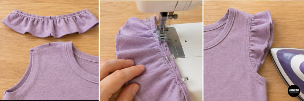 Sewing tutorial collage showing gathered lavender ruffle sleeves aligned with the armholes, stitched to the romper, and pressed flat to create soft flutter sleeves.