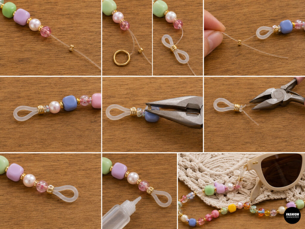 Collage showing steps to attach the second eyeglass loop